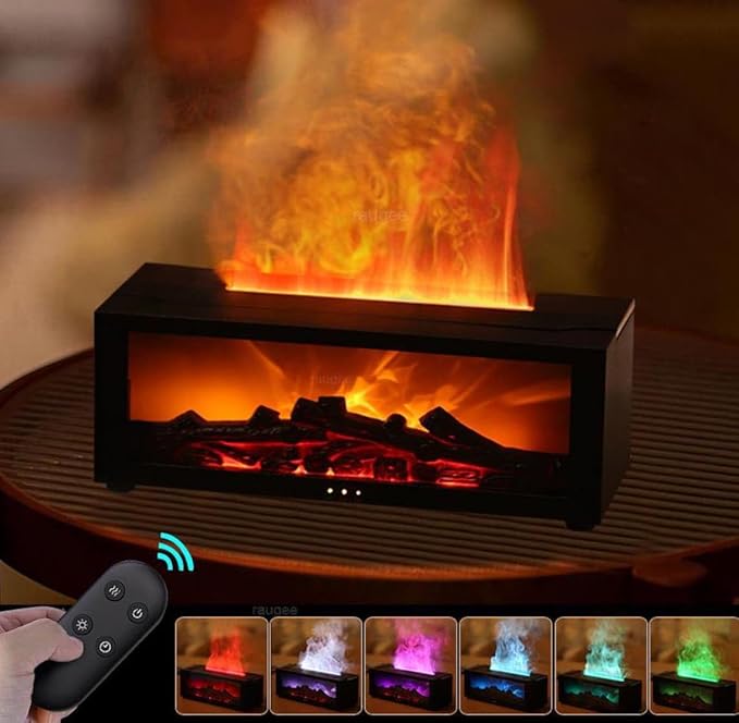 Fireplace Flame Air Diffuser Humidifier, Fireplace Flame Oil Diffuser 7 Colors Aromatherapy Essential Oil Diffuser,Ultrasonic Aroma Humidifier with Timer for Home,Bedroom,Office,Yoga (Black)