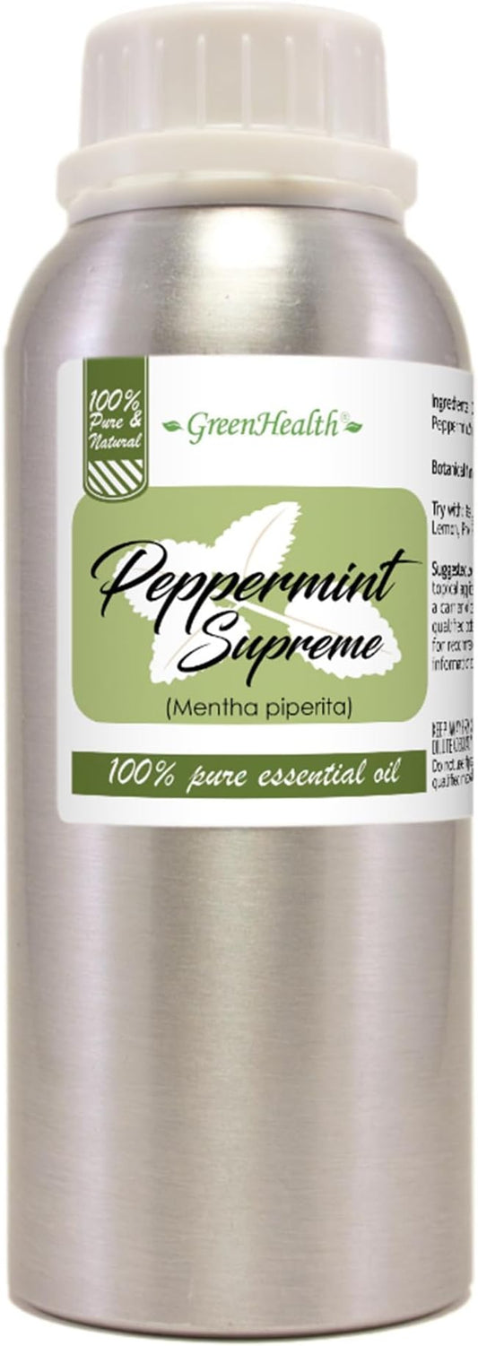 Peppermint Essential Oil – 100% Pure Mentha Piperita – GreenHealth – 8 fl oz (237 ml) Aluminum Bottle with Plug Cap – Aromatherapy, Diffusers, DIY, Candles, Fresh Home Scent