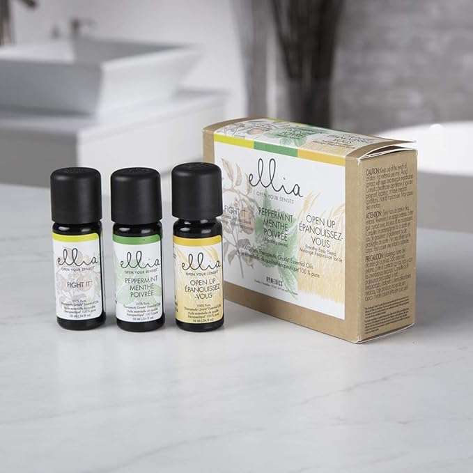 Ellia Essential Oil Set, Breath Deep, with Peppermint, Open Up Blends and Fight It Blends. 3 Pack Essential Oil Kit to Help Ease Breathing. 10ml Each, by Homedics