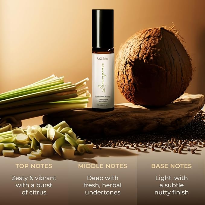 Gya Labs Lemongrass Essential Oil Roll On - 0.34 Fl Oz - Travel Size Roller for Camping, Skin, Aromatherapy Relief, Convenience
