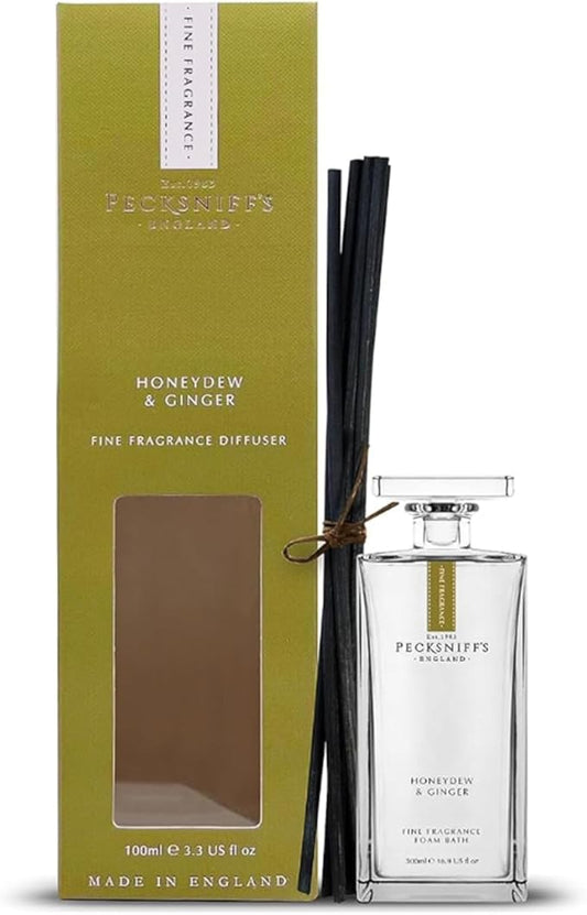 Pecksniff's Prestige Square Reed Diffuser Set, Honeydew & Ginger, 100 ml/3.38 Fl Oz