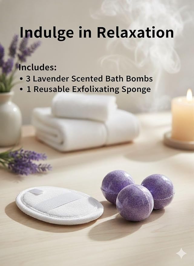Lavender Bath Bombs 3 Pack with Exfoliating Sponge, Relaxing Aromatherapy Fizz for Men and Women, Spa Gift Set for Self Care, Skin Softening Essentials for Stress Relief and Home Bath Relaxation