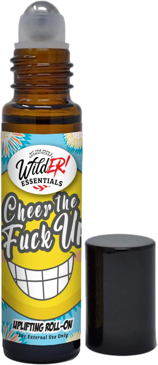 Wild-ER Essentials Cheer The F Up Aromatherapy Roll-On – Mood Boosting Essential Oil Blend with Basil, Black Pepper, Chamomile, Lavender, Orange & Petitgrain in Organic Jojoba – Made in the USA