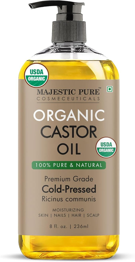 Majestic Pure Oil - 100% Pure and Natural- Cold Pressed & Hexane Free Natural Hair Growth Oil for Eyelashes, Eyebrows, Skin, Body, Face, Nails & Scalp - USDA Organic Castor Oil 8 Fl Oz
