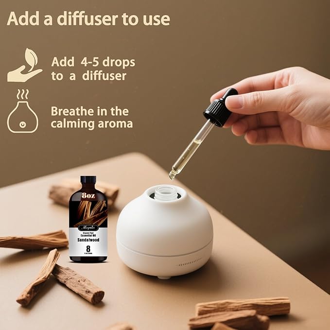 Sandalwood Essential Oil – MLYNKL Sandalwood Oils 8.33 fl oz for Diffusers, Humidifiers, Massage, DIY Candles, Soap, Cleaning, Home, Yoga, Office, Gifts - 250 ml
