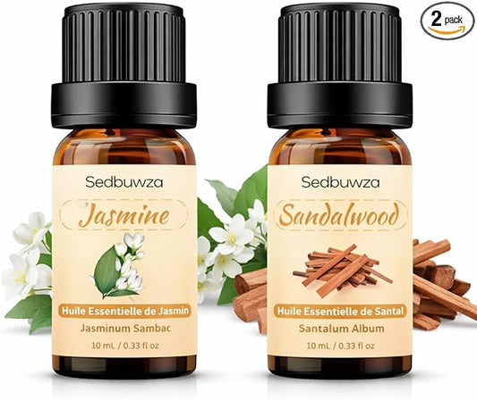 Sedbuwza Sandalwood Jasmine Essential Oil Set, Sandalwood Fragrance Oil Jasmine Scent Oil Set for Diffuser, Aromatherapy, Massage, Soap, Candle Making 2 x 10 ml