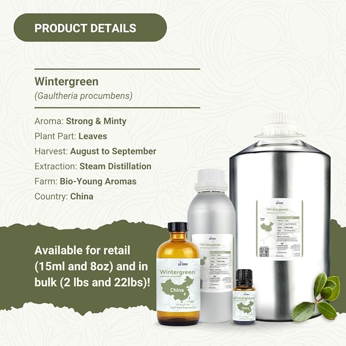 Wintergreen Essential Oil - Direct from Bio-Young Aromas China - Steam Distilled - Aceite de Gaulteria for Aromatherapy, Massage, Diffuser, DIY Candle and Soap Making - 2lbs