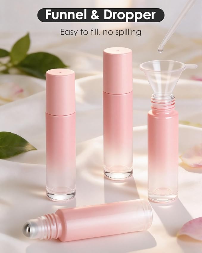 Worldgsb 25 Pack Essential Oil Roller Bottles, 10ml Refillable Glass Roller Bottles with Stainless Steel Roller Balls and Caps for Travel, Perfume and Lip Gloss Pink Gradient