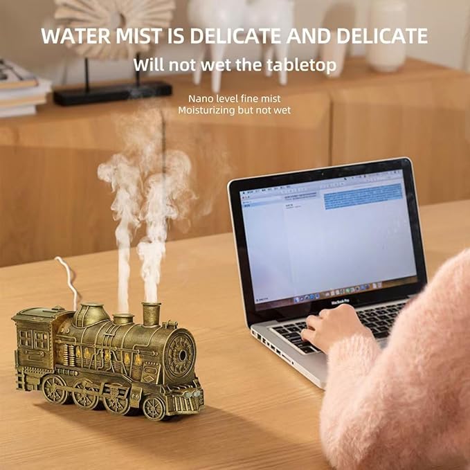 300ml Vintage Steam Train Aromatherapy Essential Oil Diffuser with Dual-Color LED Light, Auto Shut-Off & 2 Mist Modes, Cool Mist Humidifier Quiet Humidifier Gift for Bedroom Desk & Office