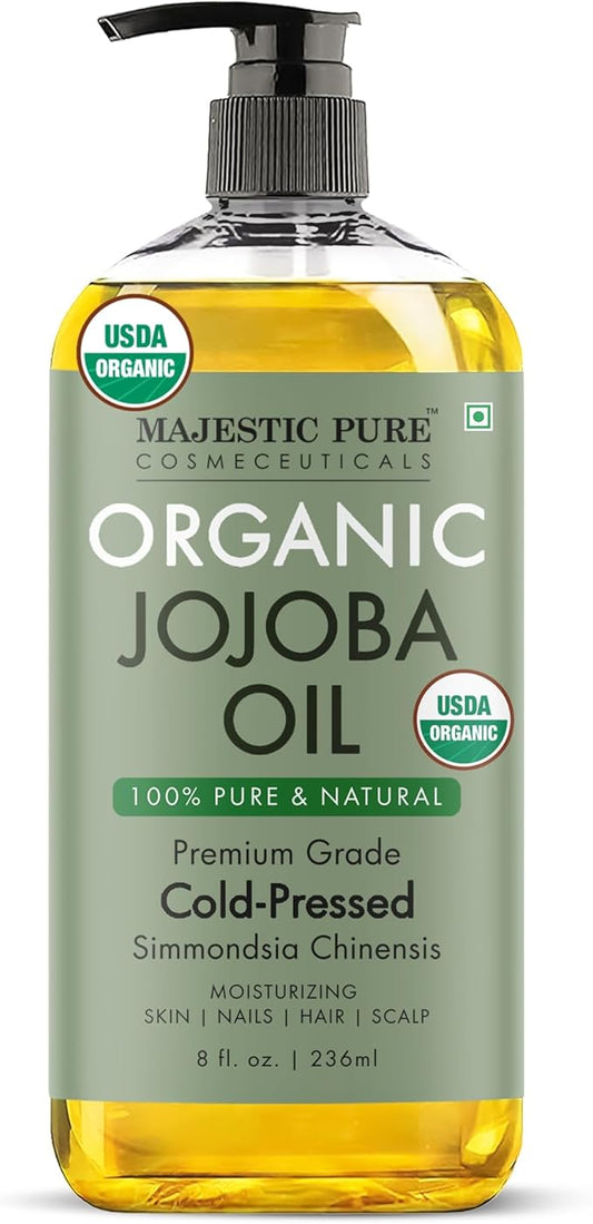 Majestic Pure Oil - 100% Pure and Natural- Cold Pressed & Hexane Free Natural Hair Growth Oil for Eyelashes, Eyebrows, Skin, Body, Face, Nails & Scalp - USDA Organic Jojoba Oil 8 Fl Oz