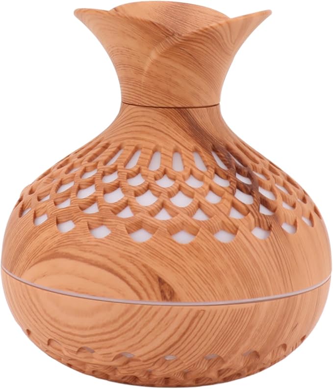 Humidifier , Flower Vase Shape Wood Grain 300ml Aromatherapy Diffuser USB Powered for Bedrooms (Amber)