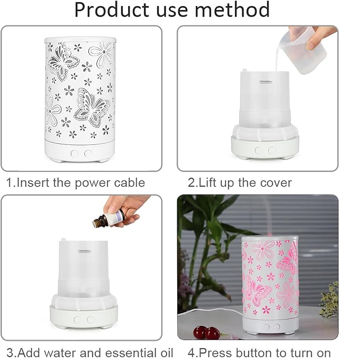 Butterfly Essential Oils Aroma Diffuser, 100ML Cool Mist Humidifier, Air Diffusers Waterless Auto Off with 7 Colors Lights, for Bedroom, Office, Living Room (Black)