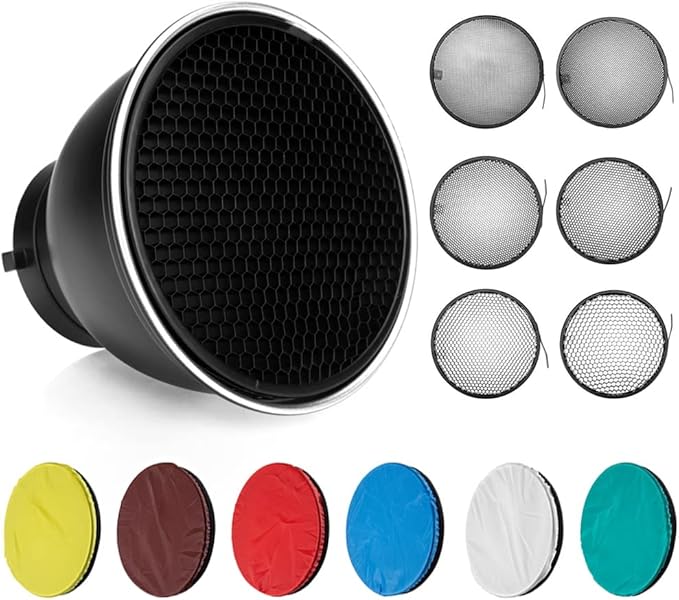 Soonpho Standard Reflector Beauty Dish Diffuser Lamp Shade 7"/ 18cm Photography with 10°/20°/30°/40°/50°/60° Degree Honeycomb Grid,6 Colors Soft Cloth for Studio Strobe Flash Light Speedlite