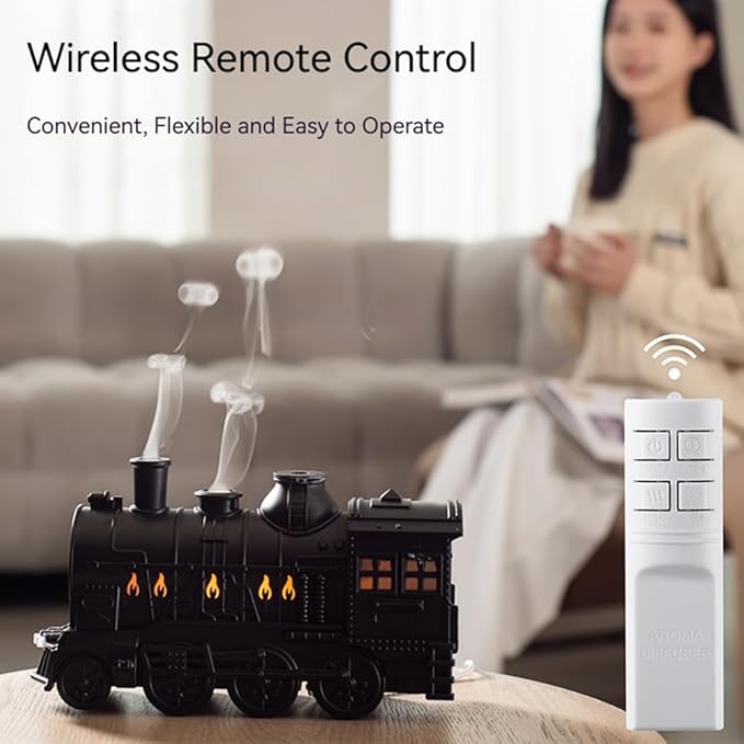 Essential Oil Train Diffuser, Vintage Steam Train Humidifier, Christmas Train Aroma Diffuser, Dual Mist Outlets Cool Mist Quiet Aromatherapy Diffuser with Remote Control, Auto-Off (Brass)
