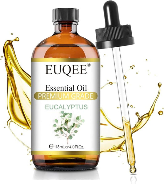 EUQEE Eucalyptus Essential Oil 118ml Pure Eucalyptus Oil with Glass Dropper for Aromatherapy, Diffuser, Soap & Candle Making - 4Fl.Oz