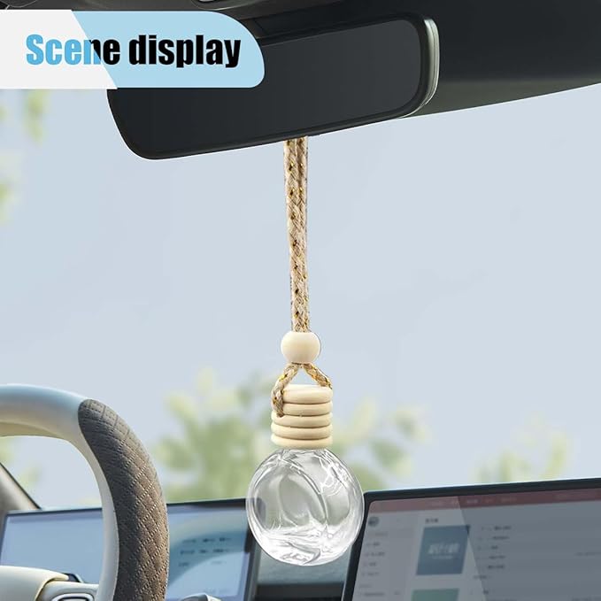 5PCS Hanging Car Rear View Mirror Charm - 8ml Empty Glass Bottle Pendant Automobile Interior Decoration for Rearview Mirror Ornament (Flat Round)