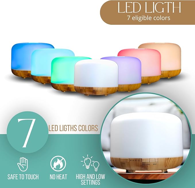 Mystic Romance Essential Oil Diffuser, 500ml Aromatherapy Humidifer and Nigth Ligth for Relaxing Atmosphere in Home Office Yoga and Spa, for Everyone, Auto-Off Safety Switch. Light Wood