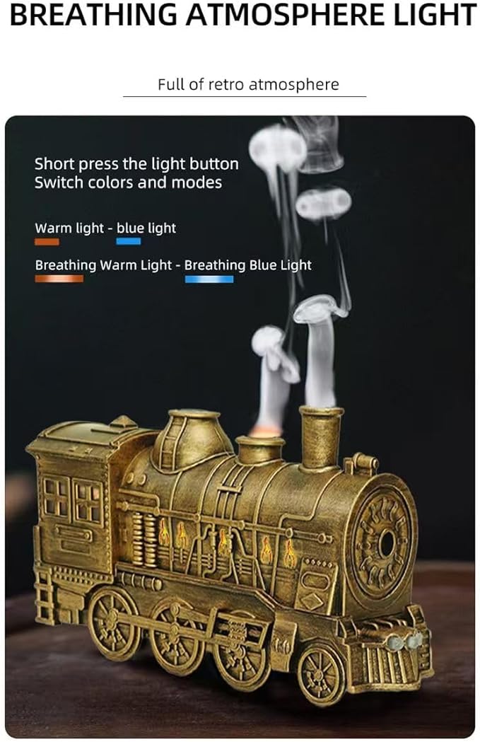 300ml Vintage Steam Train Aromatherapy Essential Oil Diffuser with Dual-Color LED Light, Auto Shut-Off & 2 Mist Modes, Cool Mist Humidifier Quiet Humidifier Gift for Bedroom Desk & Office