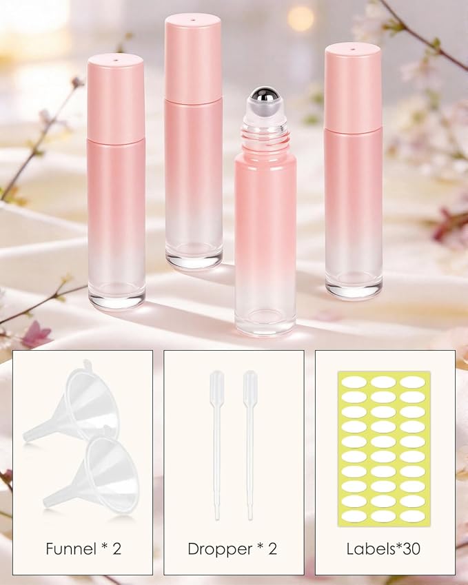 Worldgsb 25 Pack Essential Oil Roller Bottles, 10ml Refillable Glass Roller Bottles with Stainless Steel Roller Balls and Caps for Travel, Perfume and Lip Gloss Pink Gradient