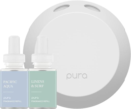 Pura Smart Home Fragrance Device Starter Set - Pura 4 - Scent Diffuser for Home - Includes Fragrance Aroma Diffuser - Square Box, Pacific Aqua and Linens & Surf Scent Refills