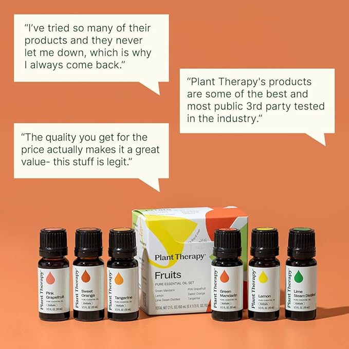 Plant Therapy Fruit Essential Oil Set - Grapefruit, Tangerine, Lemon, Mandarin, Lime, Orange Sweet Essential Oils, 100% Pure, Undiluted, for Diffusers & DIYs, 10 mL (1/3 oz) Each