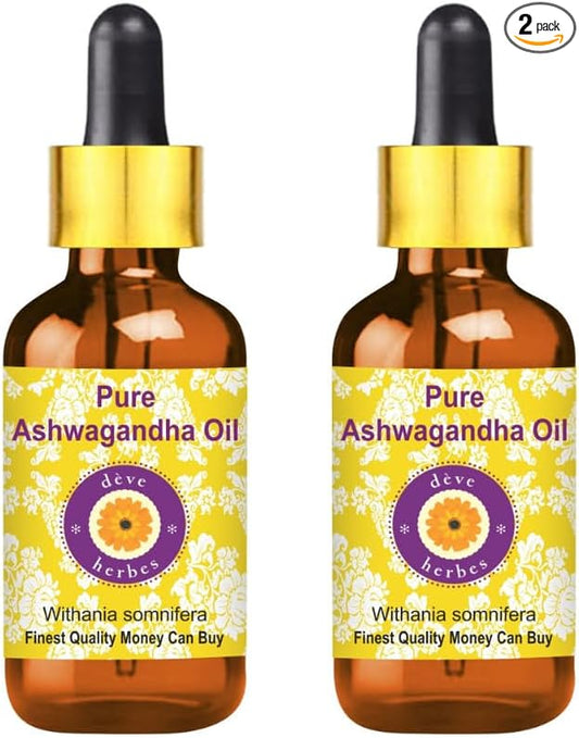 Deve Herbes Ashwagandha Oil (Withania somnifera) with Two Glass Droppers | Infused | Pure | Non-Sticky | Lightweight | for Facial Care | Men & Women | 30ml X 2 (2 oz)