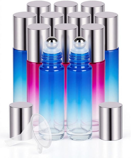 Worldgsb 12 Pack Essential Oil Roller Bottles, 10ml Refillable Glass Roller Bottles with Stainless Steel Roller Balls and Caps for Travel, Perfume and Lip Gloss Blue-Red Gradient