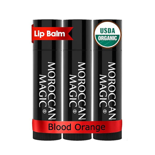 Moroccan Magic Organic Blood Orange Lip Balm 3 Pack | Ultra-Hydrating Argan & Essential Oil Lip Moisturizer + Vitamin E | Natural Chap Stick for Dry Lips | Smooth, Non-Toxic | Organic Lip Balm