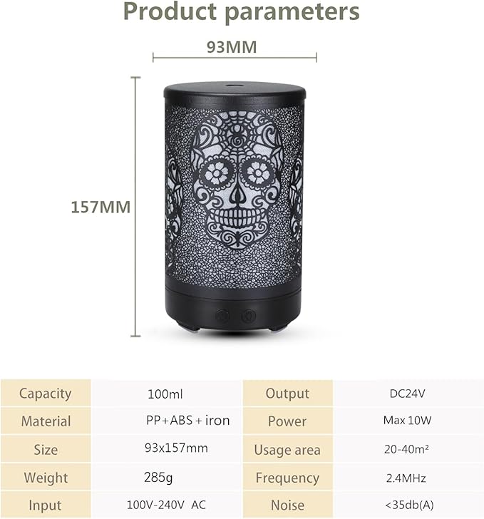 Skull Aromatherapy Diffuser, 100ML Essential Oil Diffuser Cool Mist Humidifier, with Remote Control Waterless Auto Off, for Bedroom, Office, Living Room (Black)