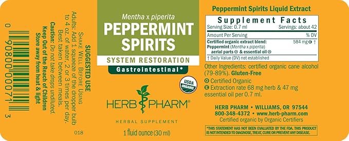 Herb Pharm Peppermint Spirits Liquid Extract: Organic Herbal Digestion Support | Mentha piperita Tincture | Fast-Absorbing for Occasional Nausea & Upset Stomach Support, Up to ~3 Week Supply, 1 oz*