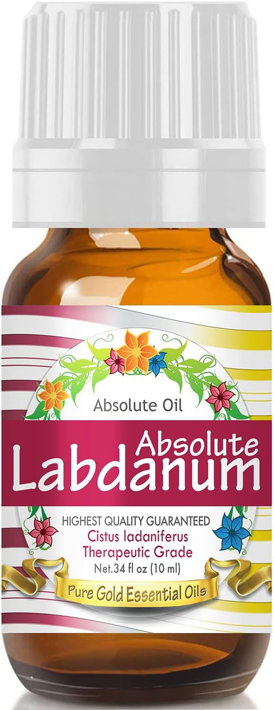 Pure Gold Essential Oils - Labdanum Absolute Premium Grade Oil .33 fl oz for Aromatherapy, Diffuser, Dryer Balls, Home Care, Perfume, and Candle Making - 10 mL