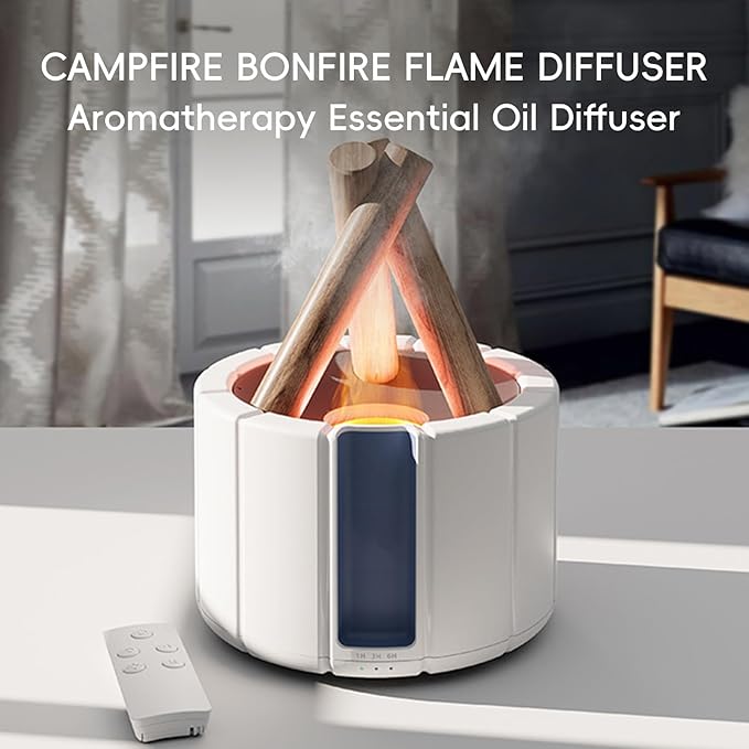 YALEDI Campfire Flame Fire Diffuser, Bonfire Aromatherapy Essential Oil Diffuser, 250ml Wood Cool Mist Humidifier for Home,Bedroom,Office, Remote Control, Auto Shut-Off, Night Light, Gift (White)