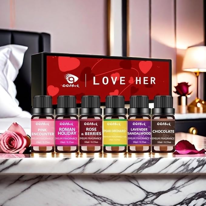 Essential Oils Set - Love HER, 6-in-1 Essential Oils for diffusers, Candle Making Scents, Fragrance, Aromatherapy, Gifts - Pink Encounter,Roman Holiday, Rose & Berries,Lavender Sandalwood, Chocolate