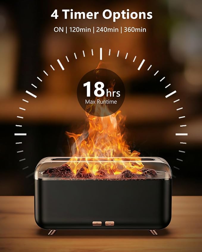 Essential Oil Diffuser, Fireplace Flame Aromatherapy Diffuser 500ml Aroma Humidifier for Home with 8 Colors Night Light, Timer, Auto-Off, Noiseless Scent Diffuser for Bedroom, Office,Yoga