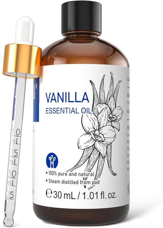 HIQILI Vanilla Essential Oil, 100% Pure Natural, Beginner-Friendly for Making DIY Perfume, Candle & Soap, Blends with Lotion for Dry Skin Comfort, Ideal for Home Diffuser - 30ml/1 FL OZ