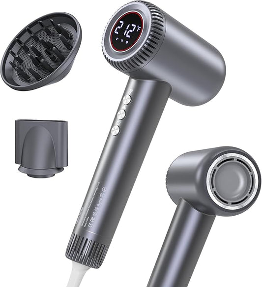 Hair Dryer, 180000 RPM High-Speed Blow Dryer, Negative Lonic Professional Care Hair Dryer, 1600W Low Noise Brushless Motor, Thermo-Control with Magnetic Diffuser and Nozzle for Travel, Salon(Grey)