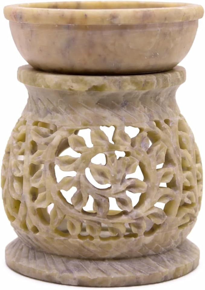 Marble Soapstone Candle Aroma Burner | Oil Diffuser | Tea Light Holder | Wax Burner- Handmade Flower Carving for Gifting & Decoration | Decorative Home and Office Decor.
