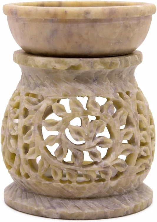 Marble Soapstone Candle Aroma Burner | Oil Diffuser | Tea Light Holder | Wax Burner- Handmade Flower Carving for Gifting & Decoration | Decorative Home and Office Decor.