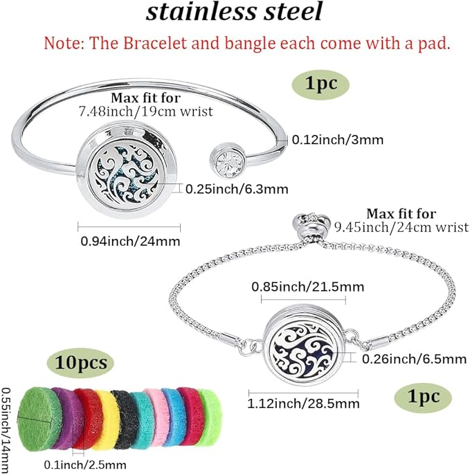 SUNNYCLUE 1 Box 2 Sets Essential Oil Diffuser Bracelet Adjustable Bangles with 10Pcs Refill Pads Stainless Steel Clouds Aromatherapy Locket Adjustable Jewelry for Women Yoga Travel Birthday DIY Gifts