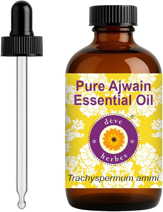 dève herbes Ajwain Essential Oil (Trachyspermum ammi) with Glass Dropper | Pure | Non-Sticky | Non-Greasy | Lightweight | Men & Women | All Skin Types | Steam Distilled 120ml (4 oz)