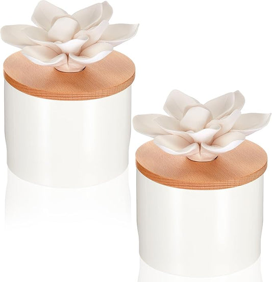 Honeydak 2 Pcs Reedless Ceramic Diffuser Set, Porcelain White Flower Aromatherapy Essential Oil Diffuser for Home Office Bathroom Tabletop Decor, Non-Electric, Valentines Day Gift (Water Lotus)