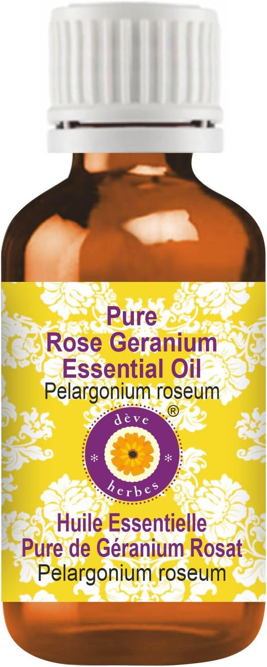 Deve Herbes Pure Rose Geranium Essential Oil (Pelargonium roseum) 100% Therapeutic Grade Steam Distilled 10ml (0.33 oz)