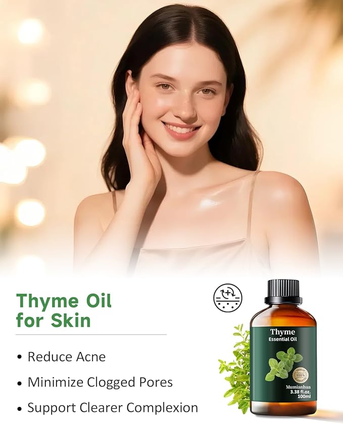 Thyme Essential Oil, Pure Thyme Oil Mumianhua Natural Outdoor Shield & Barrier Spray, for Patio, Garden, Camping, Air Purifying Diffuser & Skin 3.38 Fl Oz