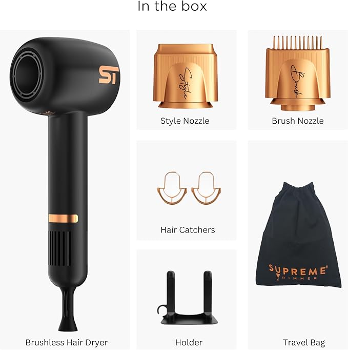 Supreme Trimmer Hair Dryer Negative Ion 110,000 RPM | Fast Drying & Low Noise Blow Dryer 1400W Brushless Motor | Magnetic Attachments, 3 Heat & 3 Speed Settings + Cool Shot | SHD347 Black