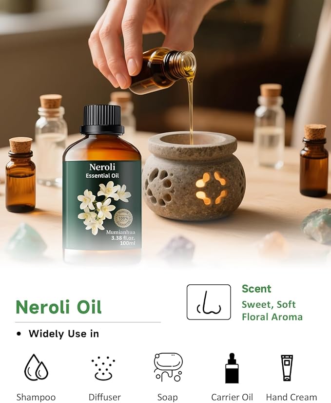 Neroli Essential Oil, Pure Orange Blossom Oil Mumianhua Neroli Oil for Diffusers, Room Spray, Fragrance, Perfume | Citrus Floral for Aromatherapy, Candle & Soap Making 3.38 Fl Oz