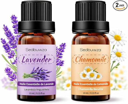 Sedbuwza Lavender Chamomile Essential Oil Set, Lavender Fragrance Oil Chamomile Scent Oil Set for Diffuser, Aromatherapy, Massage, Soap, Candle Making 2 x 10 ml