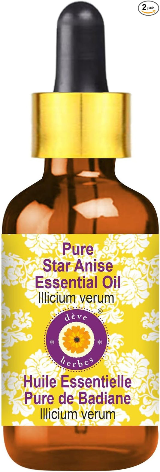Deve Herbes Pure Star Anise Essential Oil (lllicium verum) with Glass Dropper Steam Distilled 10ml (0.33 oz)