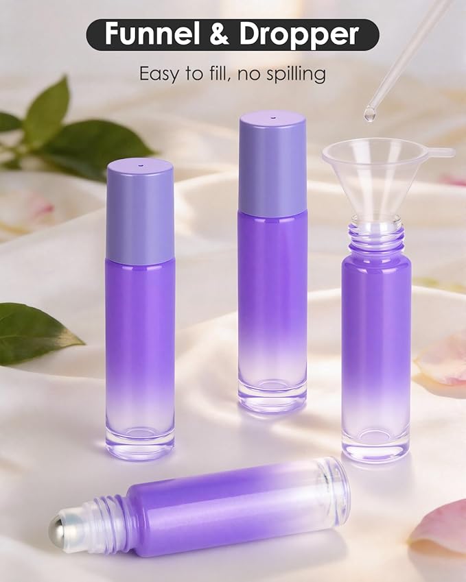 Worldgsb 4 Pack Essential Oil Roller Bottles, 10ml Refillable Glass Roller Bottles with Stainless Steel Roller Balls and Caps for Travel, Perfume and Lip Gloss Purple Gradient