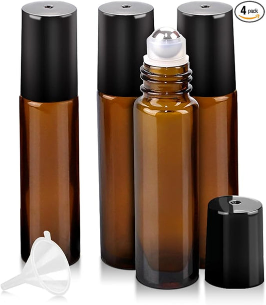 Worldgsb 4 Pack Essential Oil Roller Bottles, 10ml Refillable Amber Glass Roller Bottles with Stainless Steel Roller Balls and Caps for Travel, Perfume and Lip Gloss