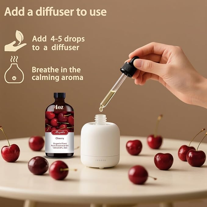 Cherry Essential Oil – MLYNKL Cherry Oils 4.33 fl oz for Diffusers, Humidifiers, Massage, DIY Candles, Soap, Cleaning, Home, Yoga, Office, Gifts - 130 ml